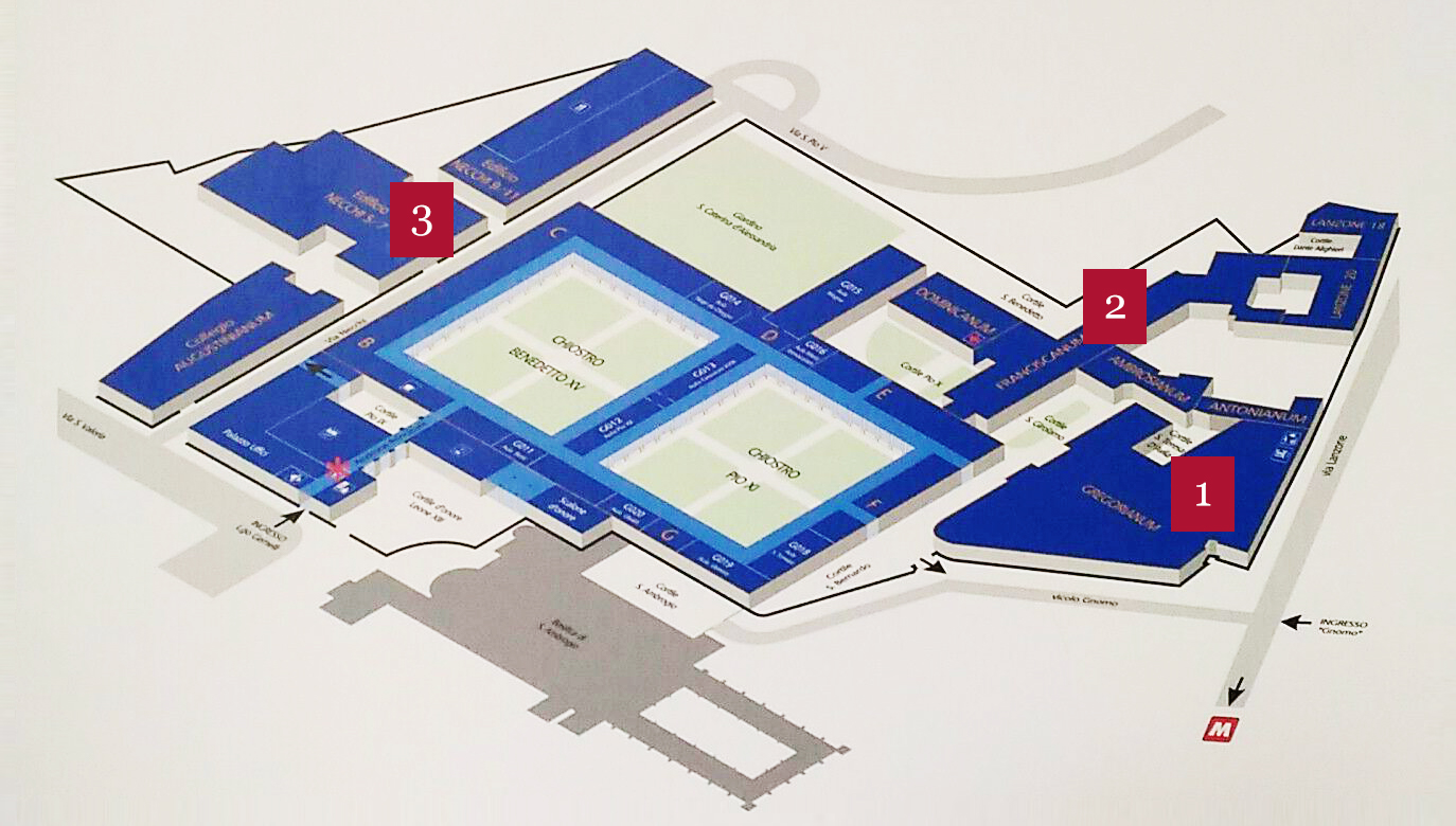 Mappa dislocazione della biblioteca negli Edifici Gregorianum e Francescanum in Largo Gemelli e in via Necchi