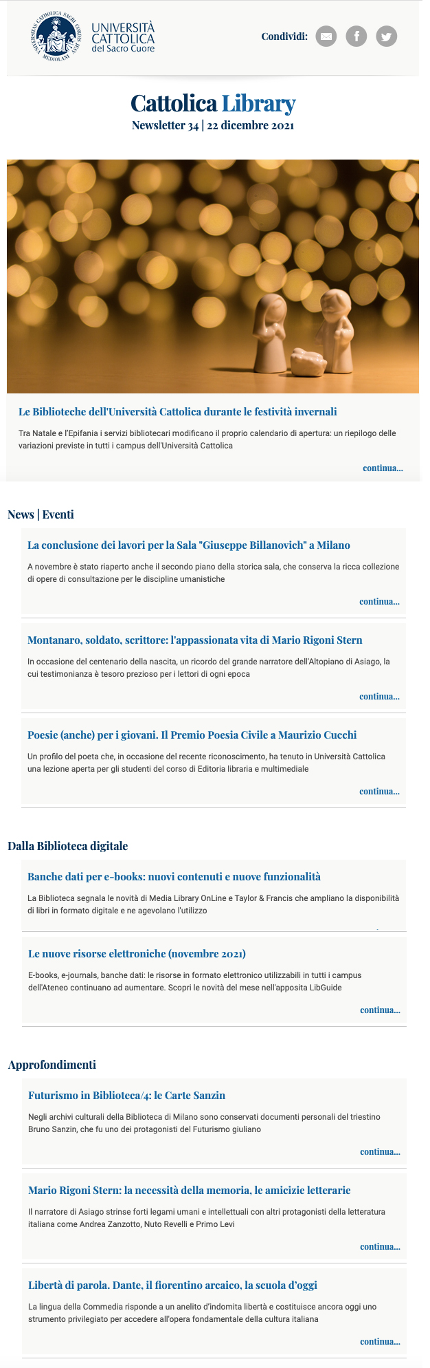 Screenshot di Cattolica Library 34 con link alla versione web della newsletter