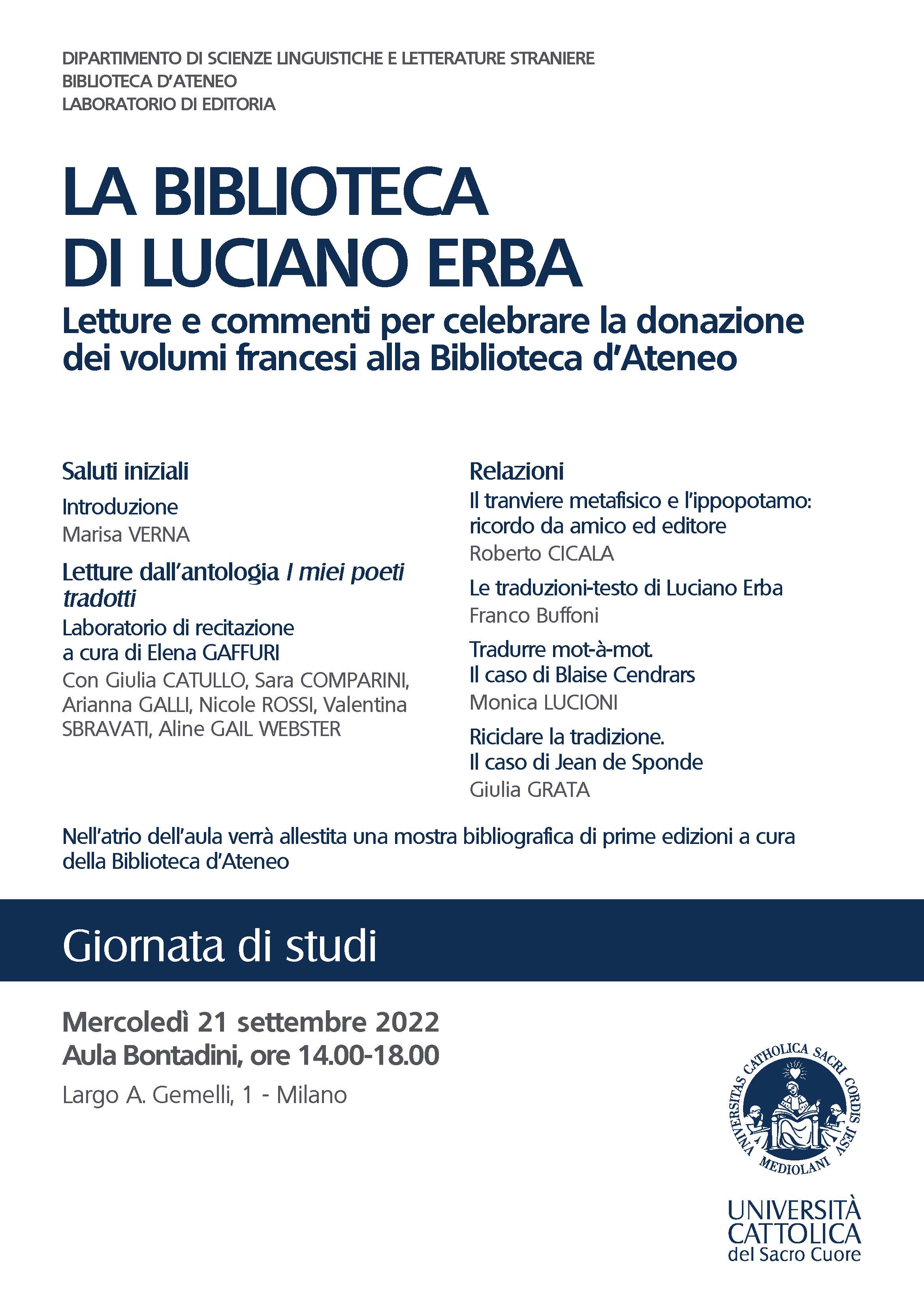 Locandina giornata di studi e mostra bibliografica su Luciano Erba